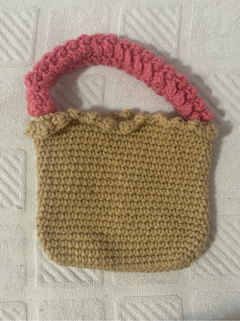 Hand-Crocheted Tan Mini Bag with Pink Handle